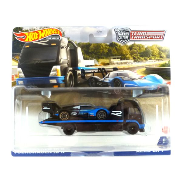 Hot Wheels FLF56-GRK69 Volkswagen ID R + Aero Lift schwarz/blau - Team Transport #35 Maßstab ca. 1:6