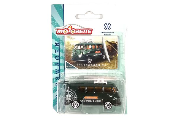 Majorette 212055004 VW T1 Bus "Adventure" mit Kanu dunkelgrün - VW Originals Premium Maßstab 1:59 Mo