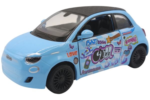 Kinsmart Fiat 500e hellblau 2020 mit Rückzugmotor ca. 1:28