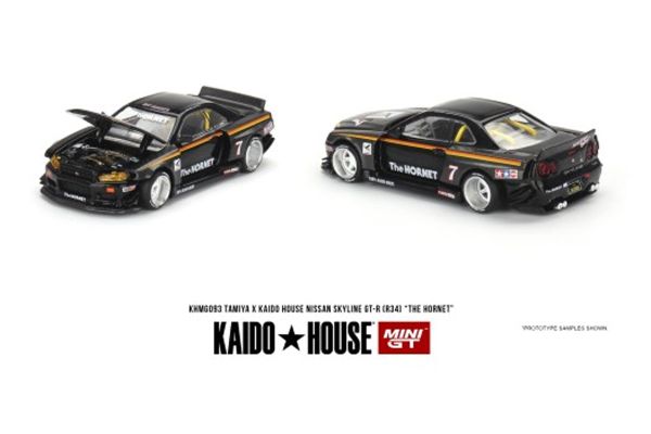 Kaidohouse KHMG093 Nissan Skyline GT-R (R34) Hornet V1 schwarz/gold MiniGT Maßstab 1:64 Modellauto