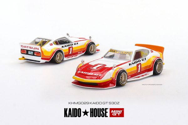 Kaidohouse KHMG029 Datsun Fairlady Z Kaido GT V1 weiss/rot/gelb (RHD) MiniGT Maßstab 1:64 Modellauto
