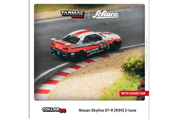 ***Tarmac T64S-014-GT Nissan Skyline GT-R (R34) Z-tune weiss/rot/schwarz Maßstab 1:64 Modellauto