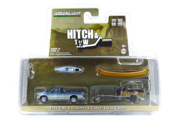 Greenlight 32250-C GMC S-15 Sierra blau metallic 1988 + Kayak Trailer - Hitch &amp; Tow 25 Maßstab 1:64