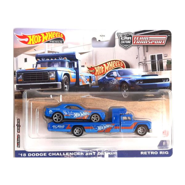 Hot Wheels FLF56-GRK51 Dodge Challenger SRT Demon 2018 + Retro RIG blau Team Transport #30 1:64