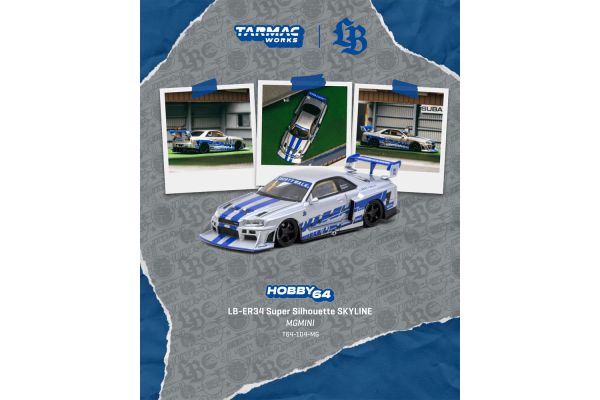 ***PREORDER Tarmac Nissan Skyline GTR (ER34) LB Super Silhouette MGMini SEMA Show 2025 silber/blau