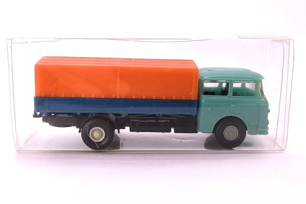 S.E.S Skoda Pritsche mit Plane blau/orange Maßstab ca. 1:87 Modellauto