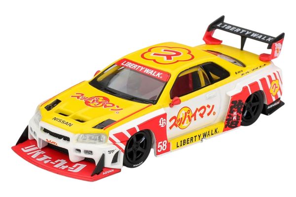 ***PREORDER MiniGT Nissan Skyline GTR (R34) LB-Super Silhouette Suppaiman Okinawa 2025 gelb/rot/weis