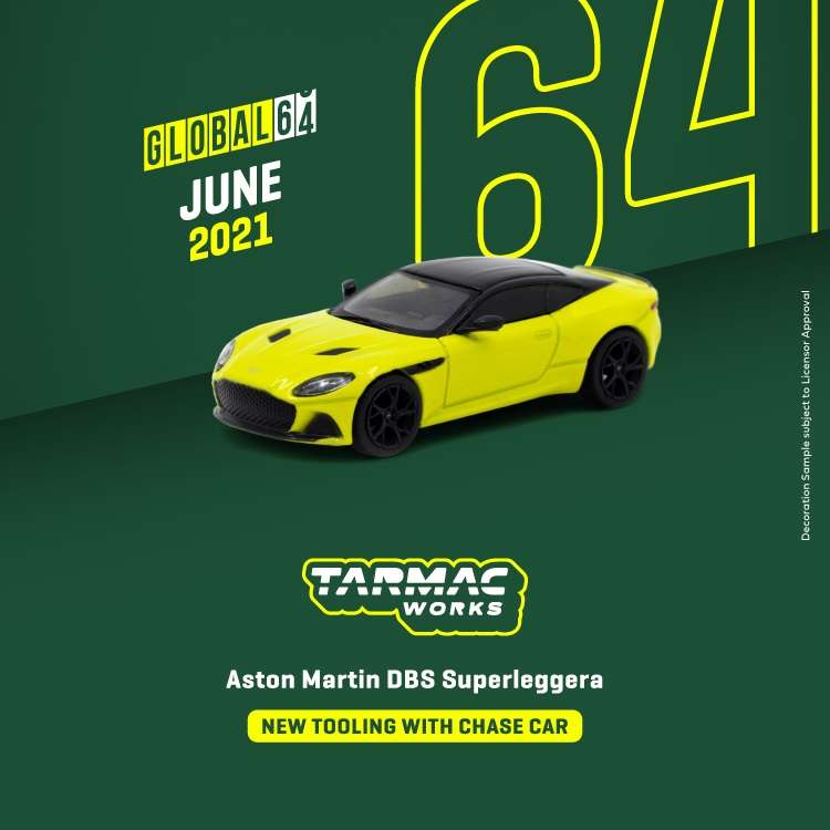 Produktbild von Tarmac T64G-004-LG Aston Martin DBS Superleggera – Gelb Metallic – Global64 Maßstab 1:64 – Modellauto Für Sammler – 14+