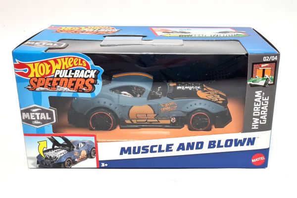 Hot Wheels HPR70 Muscle and Blown blaugrau/schwarz/orange Pull-Back Speeders Maßstab 1:43