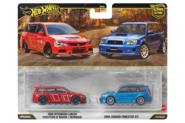 Hot Wheels HBL96-JHW46 Mitsubishi Lancer Evolution IX Wagon 2005 rot & Subaru Forester STI 2004 blau