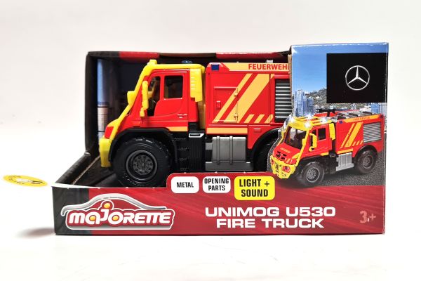 Majorette 213712003 Mercedes Unimog U530 Feuerwehr rot/gelb Licht+Sound Maßstab ca. 1:50