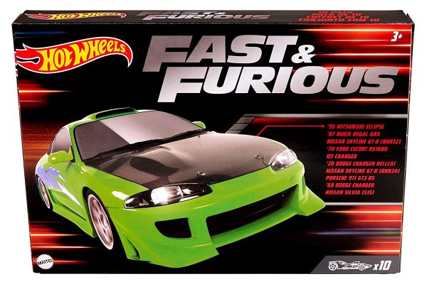 Hot Wheels HNT21 Fast & Furious Set mit 10 Modellen Eclipse, Regal, Escort, Skyline, Silvia, 911...
