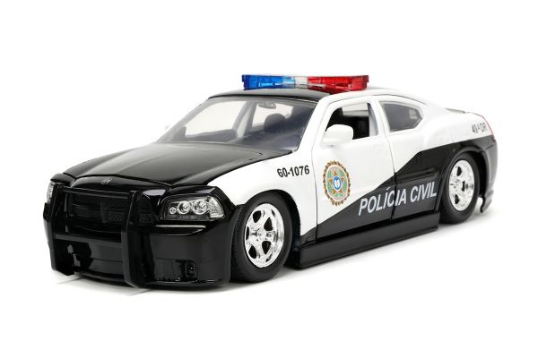 Jada 253203079 Dodge Charger "Policia Civil" schwarz/weiss 2006 Fast & Furious Maßstab 1:24 Modellau