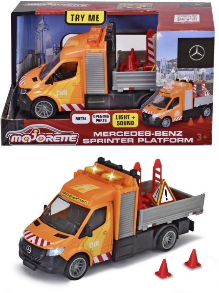 Majorette 213742001 Mercedes Benz Sprinter Pritsche Baufahrzeug orange Licht+Sound Maßstab ca. 1:50