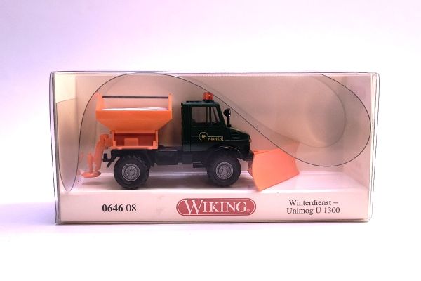 Wiking 064608 Winterdienst Unimog U 1300 "Rinnen" grün/orange Maßstab 1:87 Modellauto (NOS)