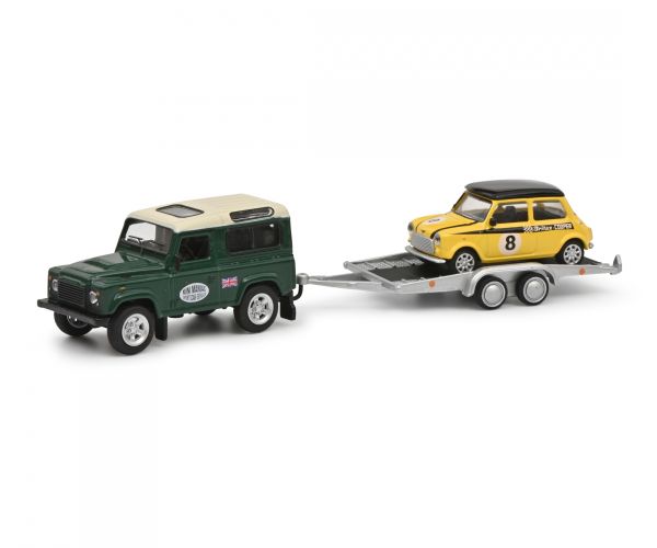 Schuco 452034800 Land Rover Defender mit Anhänger + Mini Cooper Maßstab 1:64 Modellauto
