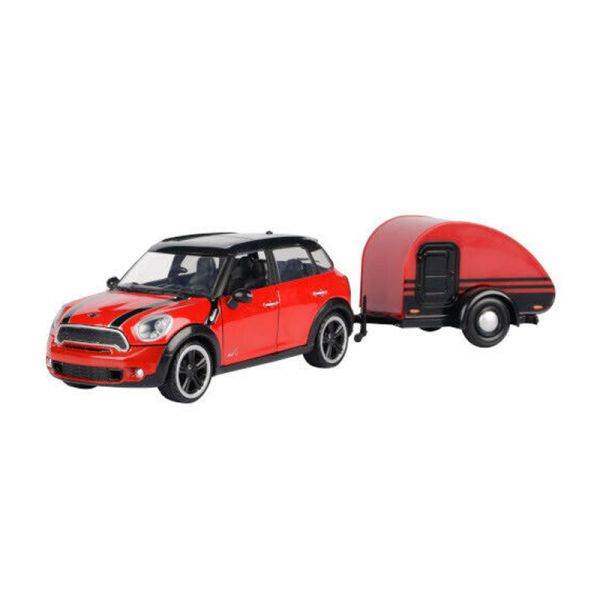 Motormax 79761 Mini Cooper S Countryman mit Wohnanhänger rot/schwarz Maßstab 1:24 Modellauto
