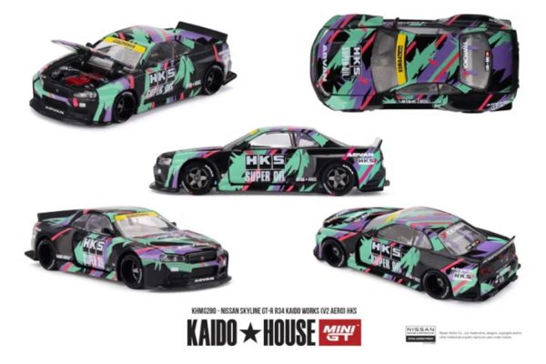 ***PREORDER Kaidohouse Nissan Skyline GT-R (R34) Kaido Works (V2 Aero) HKS 1999 schwarz/lila/grün