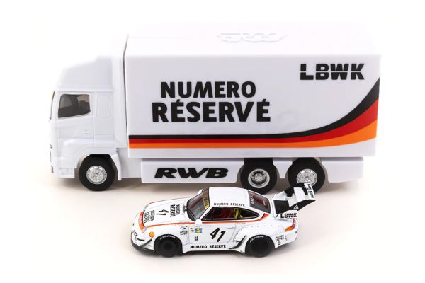 Tarmac T64-017-LBWK Porsche RWB 993 LBWK "Numero Reserve" weiss Team Truck Maßstab 1:64 Modellauto