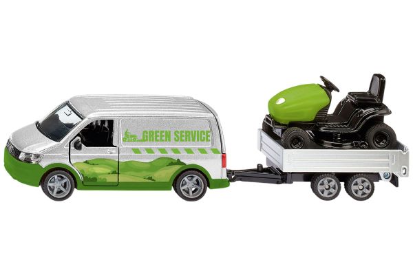 Siku 2005 VW T6 mit Rasentraktor silber/grün 1:50