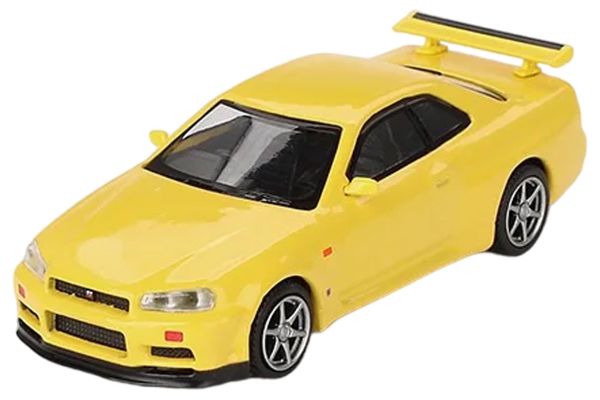 ***TSM-Models 762 Nissan Skyline GT-R (R34) V-Spec gelb (RHD) - MiniGT Maßstab 1:64
