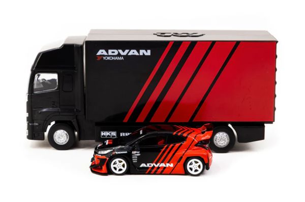 Tarmac T64-080-ADV Pandem Yaris "ADVAN" inklusive LKW schwarz/rot Maßstab 1:64 Modellauto