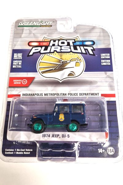 Chase Car! Greenlight 42980-A Jeep DJ-5 "Indianapolis Police" dunkelblau Green Machine 1974 - Hot Pu