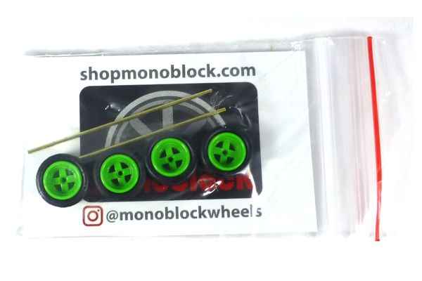 Monoblock Radset 4 Räder (Felgen+Reifen) und 2 Achsen CS takata grün 4 Speichen Maßstab 1:64