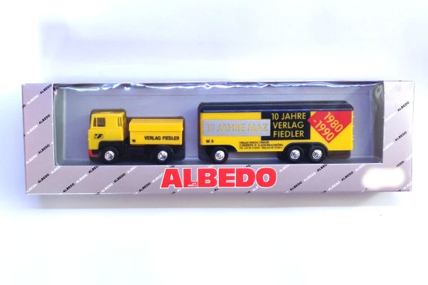 Albedo Scania Cullemeyr LKW "10 Jahre MAZ Verlag Fiedler" gelb Maßstab 1:87 Modellauto NOS