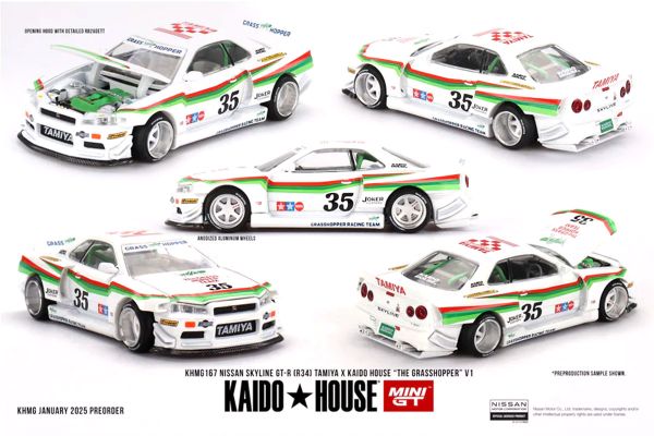 Kaidohouse 167 Nissan Skyline GT-R (R34) Tamiya x Kaidohouse The GRASSHOPPER V1 weiss/grün 1:64