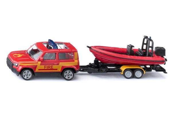 Siku 1608 Land Rover Defender Feuerwehr mit Boot rot (Blister)