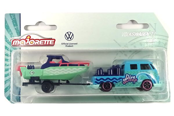 Majorette 212055007 VW T1 Pickup mit Anhänger+Boot blau/grün - VW Originals Trailer 1:63