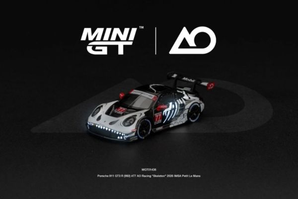 ***PREORDER MiniGT 1436 Porsche 911 (992) GT3 R #77 AO Racing "Skeleton Rexy" IMSA Petit Le Mans 202