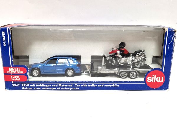 NOS! Siku 2547 BMW X5 blau + Anhänger + Motorrad rot 1:55
